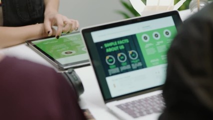 young business people brainstorming using laptop computer browsing design ideas on screen working together viewing corporate documents online networking in office close up