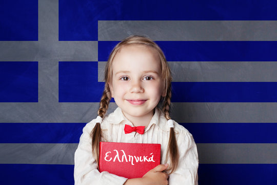 Learn greek language. Smart child girl on Greece flag background