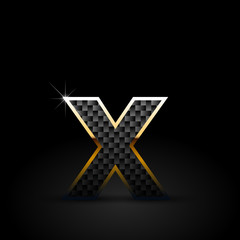 Black carbon fiber letter X lowercase with gold outline isolated on black background