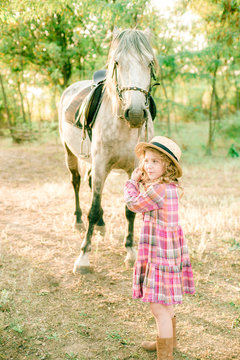 A nice little girl with light curly hair in a vintage plaid dress and a straw hat and a gray horse. Rural life in autumn. Horses and people
