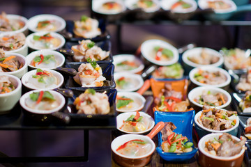 buffet food, catering food party at restaurant, mini canapes, snacks and appetizers