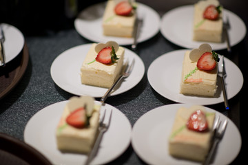 buffet food, catering food party at restaurant, mini canapes, snacks and appetizers