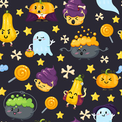 Seamless Halloween Pattern with Cute Characters