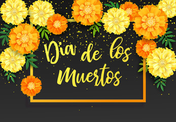 Decorative background with orange marigolds, symbol of mexican holiday Day of dead. Vector illustration - obrazy, fototapety, plakaty