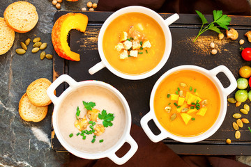 Concept of healthy vegetable and legume soups.