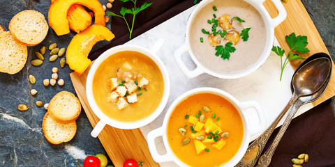 Concept of healthy vegetable and legume soups.