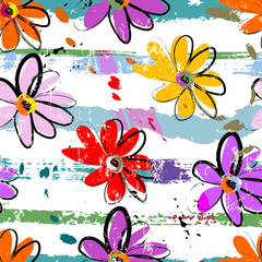 Materiał do szycia floral seamless pattern background, with stripes, paint strokes and splashes