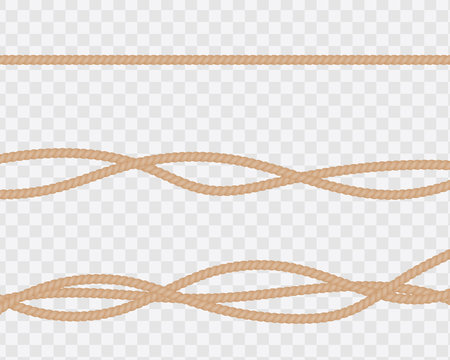 Set of realistic ropes or strings, straight and twisted. Natural twisted lines with loops isolated on a transparent background.