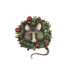 Watercolor New Year wreath with mouse