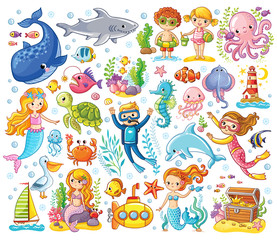 Obraz premium Vector set on a sea theme in a children's style. Sea animals.