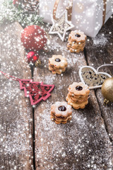 Christmas cookies, sweets on wooden table. Holiday roast. Celebration background.