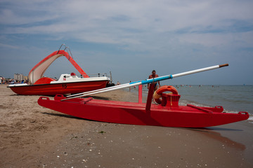 A boat used to rescue bathers by the sea