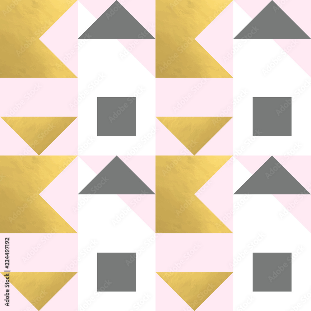 Poster Festive triangle and square geometric shapes background. Abstract mosaic vector seamless pattern in pastel and golden colors. Christmas , new year, carnival, party, celebration wrapping paper concept.