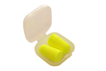 Earplugs to reduce noise in box isolated on white background. clipping path