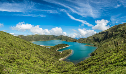 Panoramic view of Fogo lake in Sao Miguel Island, Azores, Portugal