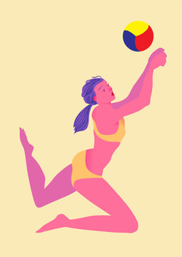 Beach volleyball. Girl in bikini returns a ball. Female figure. Image of people isolated on a yellow background. Vector illustration.