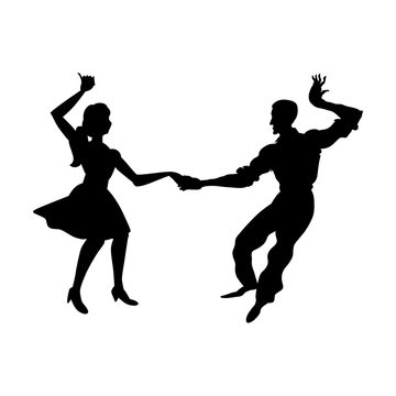 Silhouette of man and woman dancing a swing, lindy hop, social dances. The black and white image isolated on a white background. Vector illustration.