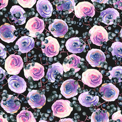 Watercolor pink, purple roses and elderberry branches seamless pattern, hand painted on a dark background