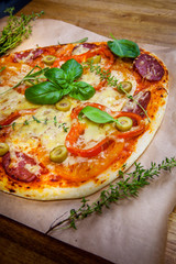 Delicious fresh pizza on dark