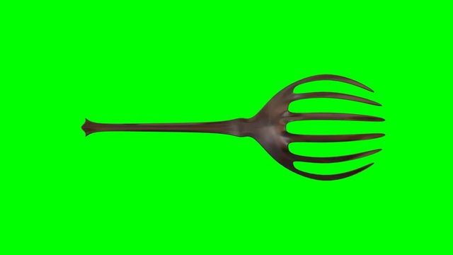 Animated rotating around z axis simple shining bronze serving fork against green background. Full 360 degree spin, loop able and isolated.