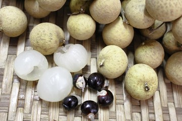 Longan fruits or Dimocarpus longan or Dragon eye fruit on the wooden wicker.