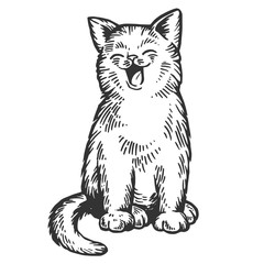 Obraz premium Yawning cat engraving vector illustration. Scratch board style imitation. Black and white hand drawn image.