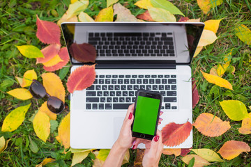 Girl using mobile phone with hromakey screen, aluminium laptop and autumn background with fallen leaves and green grass. Sunglasses.  Online work, freelancing. Top View