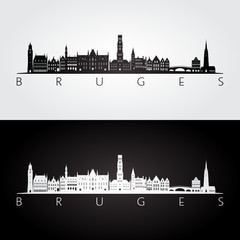 Naklejka premium Panoramę Brugii i zabytki sylwetka, czarno-biały design, ilustracji wektorowych.