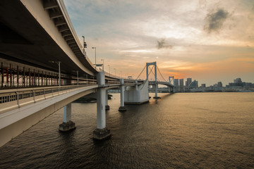 Fototapeta na wymiar Sunset view of Tokyo Bay from rainbow bridge odaiba side.
