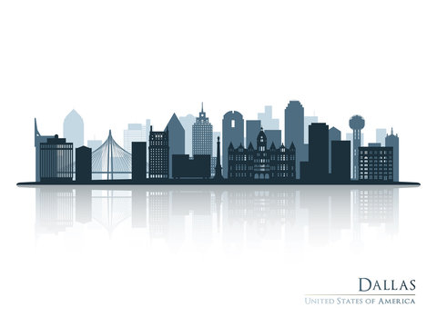 Dallas blue skyline silhouette with reflection. Vector illustration.