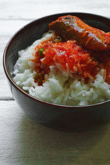 Rice with tomato sauce Top view and empty space