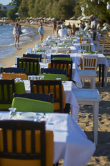 Cafe near the seashore. The coast of the Aegean Sea. Turgusreis, Bodrum, Turkey