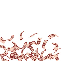 Russian ruble notes falling. Floating RUB bills on