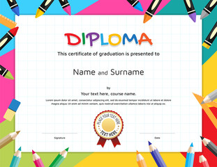 Kids Diploma or certificate template with painting stuff border