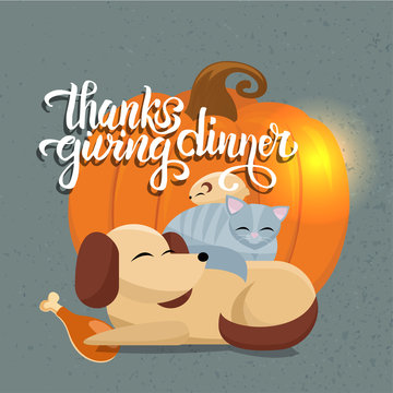 Hand Drawn Thanksgiving Dinner Typography Poster With Flat Cartoon Illustration Cat Sleeps Comfortably On Dog With Baked Turkey Leg, Hamster Sleeps On Cat. Full Animals Sleep Next To Large Pumpkin