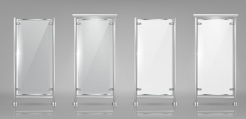 Vector set of empty glass banners on metal racks, transparent and white displays isolated on background. Mockup with blank billboards, vertical panels for information and outdoor advertising