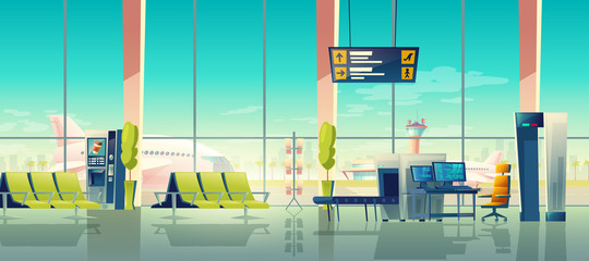 Airport security check vector illustration of terminal with passenger and baggage X-ray scanner checkpoint. Cartoon interior of waiting hall seats with view to airfield. Comfort and safety concept