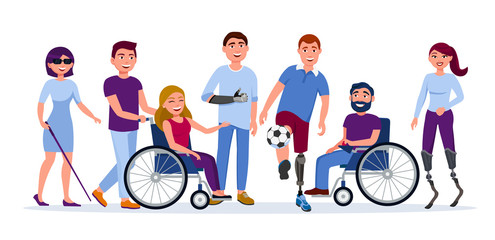 Disabled people with disabilities and prosthesis, blind woman, people on wheelchairs, High-Tech Running Prosthetics, Prosthetic Hand vector flat illustration. Men and women with incapability