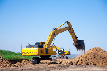Close-up of a construction site excavator