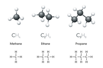 Methane, ethane, propane molecule models and chemical formulas. Organic chemical compounds. Natural gas. Ball-and-stick model, geometric structure, structural formula. Illustration over white. Vector.