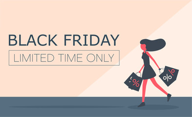 Black friday background with girl doing shopping.