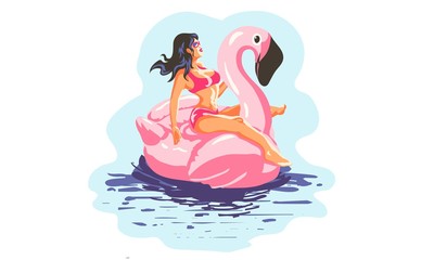 girl in the pool at the pink flamingo, abstract summer time illustration card with girl swimming on pink flamingo float in circle