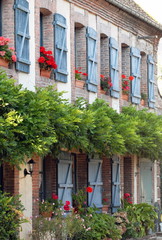 Fototapeta na wymiar Ville de Verneuil-sur-Avre, façade avec volets bleus et géraniums rouges, verdure le long du mur, département de l'Eure, Normandie, France