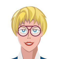 Portrait of happy blonde woman wearing thick spectacles and looking at camera. Vector illustration