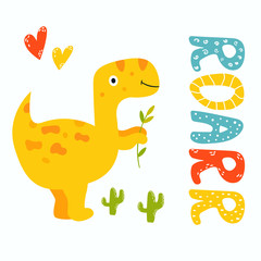 Cute yellow trex dino. Roarr greeting card © danceyourlife