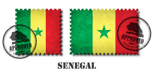 Senegal or senegalese flag pattern postage stamp with grunge old scratch texture and affix a seal on isolated background . Black color country name with abrasion . Square and rectangle shape . Vector
