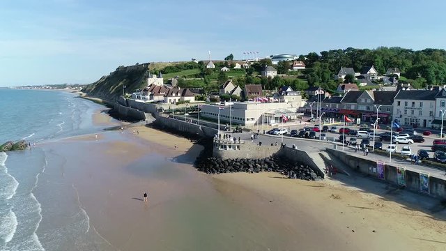 Aerial view of Arromanches Les Bains, Normandy, France, Mulberry Harbour from D Day landings ,World War 2