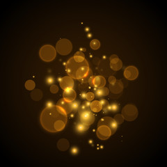 Golden glowing lights effects on black background, abstract magic Illustration. Graphic concept for your design