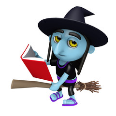 3d Funny cartoon Halloween witch flying on a broomstick and reading a book