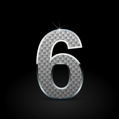White carbon fiber number 6 with chrome outline isolated on black background